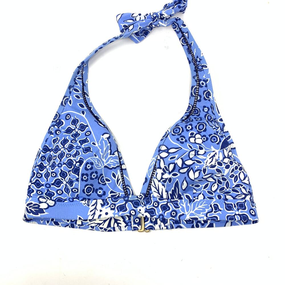 Lands' End Swim Top Women's Size 0 Halter Bikini Leaf Print Blue White